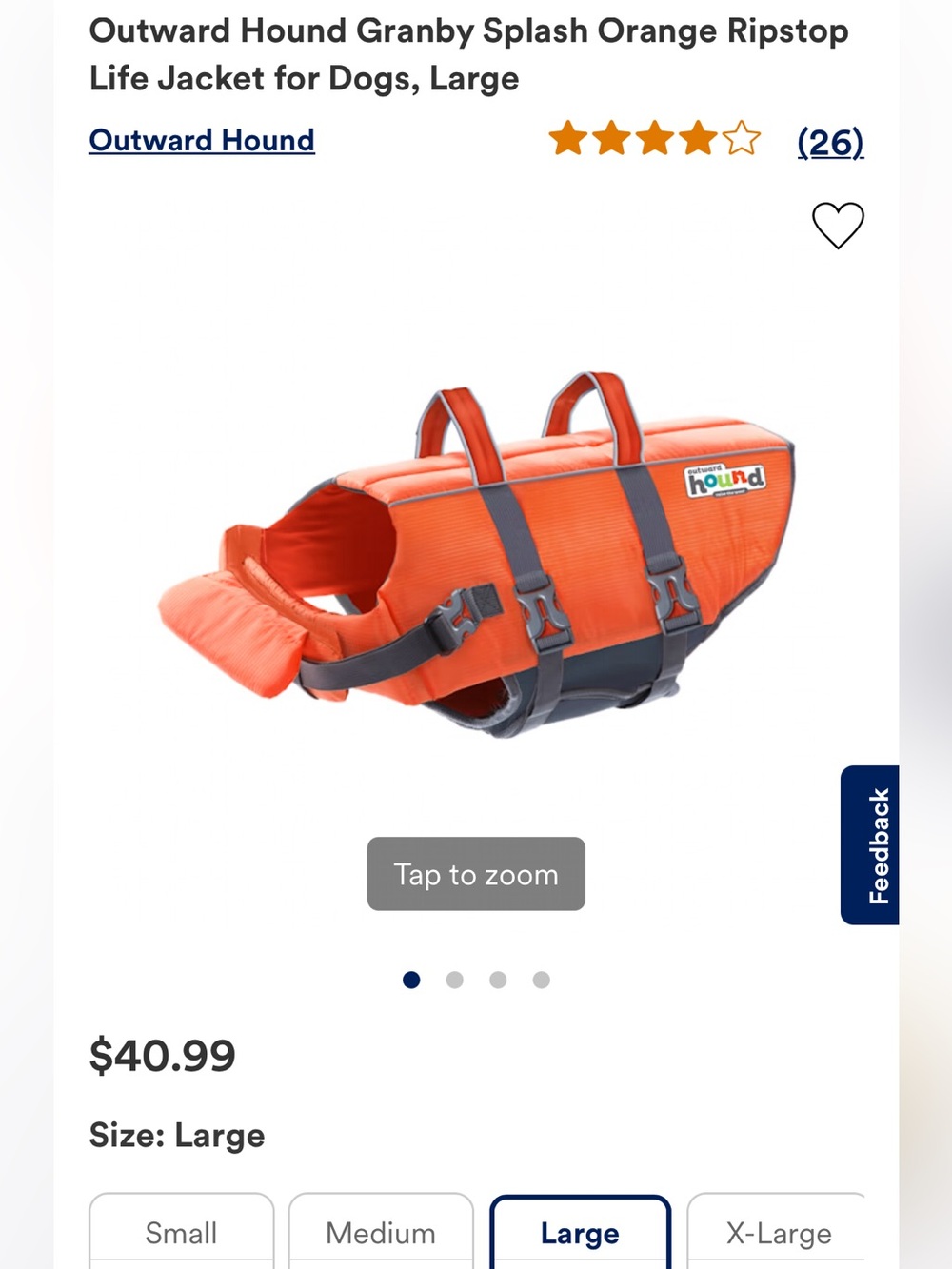 Outward Hound Orange Dog Life Jacket - Secure Fit with Handle NWT